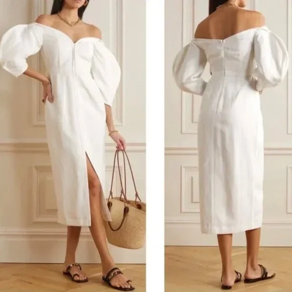 Mara Hoffman Leonara Off the Shoulder Ivory/White Linen Midi Dress Size 10 - Picture 2 of 4